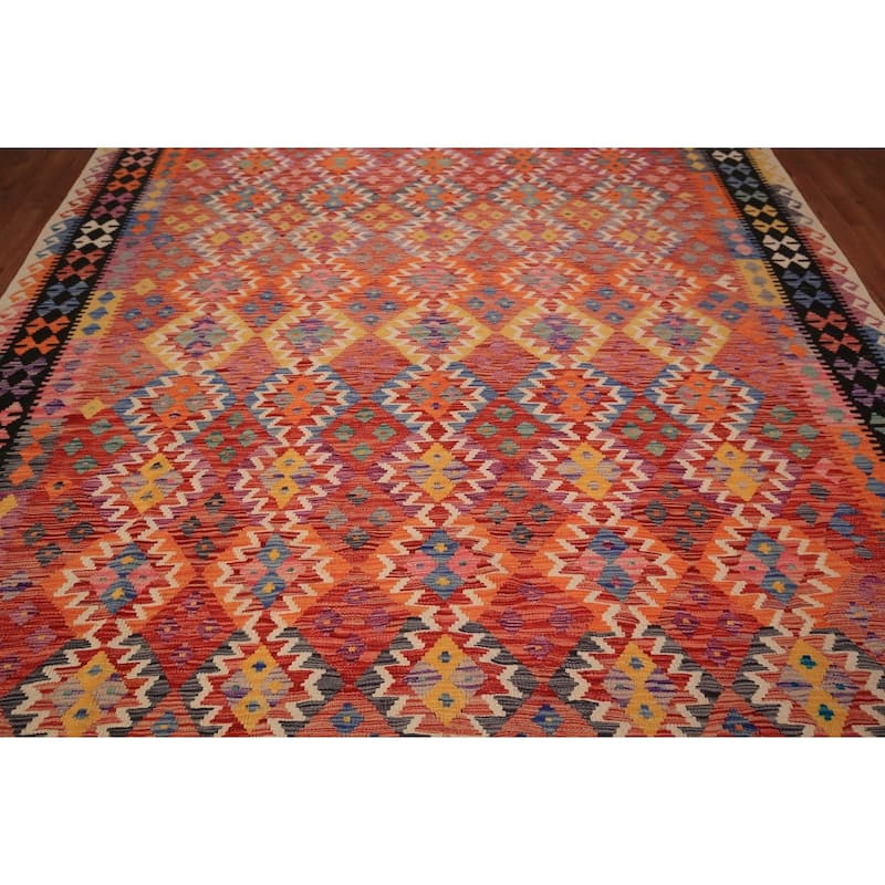Orange Geometric Kilim Oriental Area Rug Flatweave Wool Carpet - 8'3" x 11'8"
