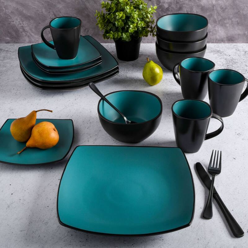 Gibson Soho Lounge Square 16-Piece Reactive Glaze Stoneware Dinnerware Set - Green