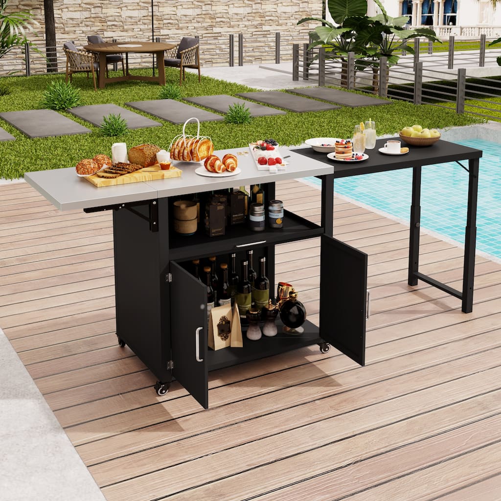 Outdoor Cabinet with Folding & Expandable Work Surfaces, Dual-Door Storage Cabinet w/ Stainless Steel Worktop & Lockable Wheels