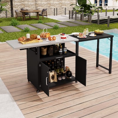 Roomfitters Versatile Outdoor Cabinet with Folding Work Surfaces Lockable Wheels & Ample Storage, Matte Black