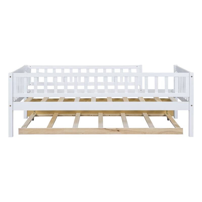 White Twin Wood Daybed with Trundle and Safety Guardrails