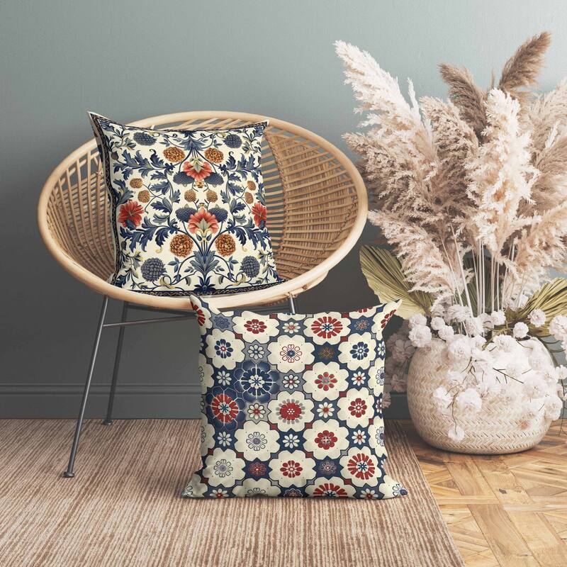 Flora Medley Indoor/Outdoor Reversible Throw Pillow Beige and Blue