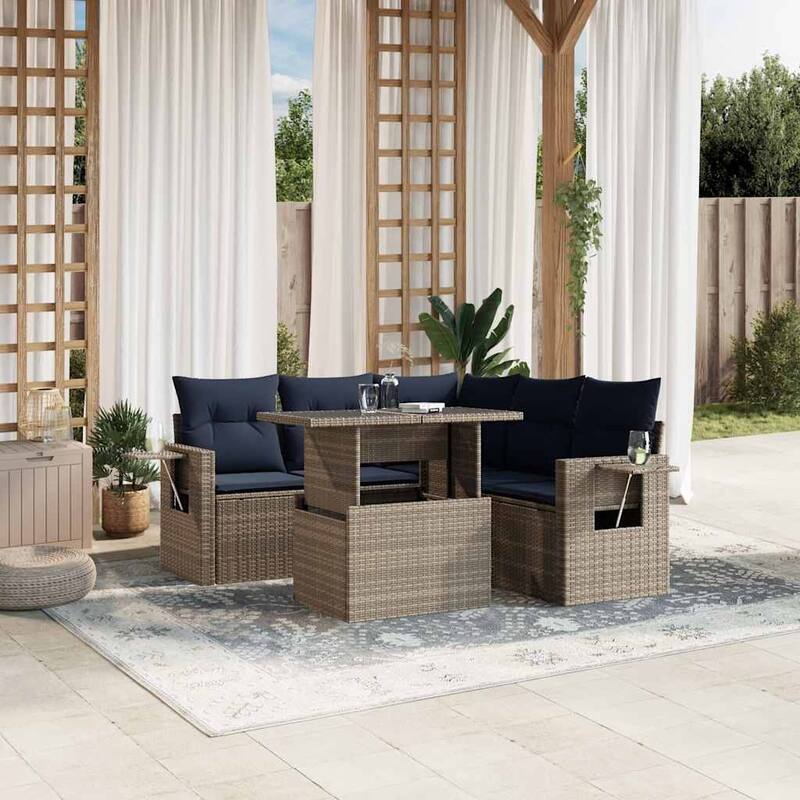 vidaXL 6 Piece Patio Sofa Set with Cushions Black/Gray Poly Rattan - 24.4 x 24.4 x 27.2 - Gray