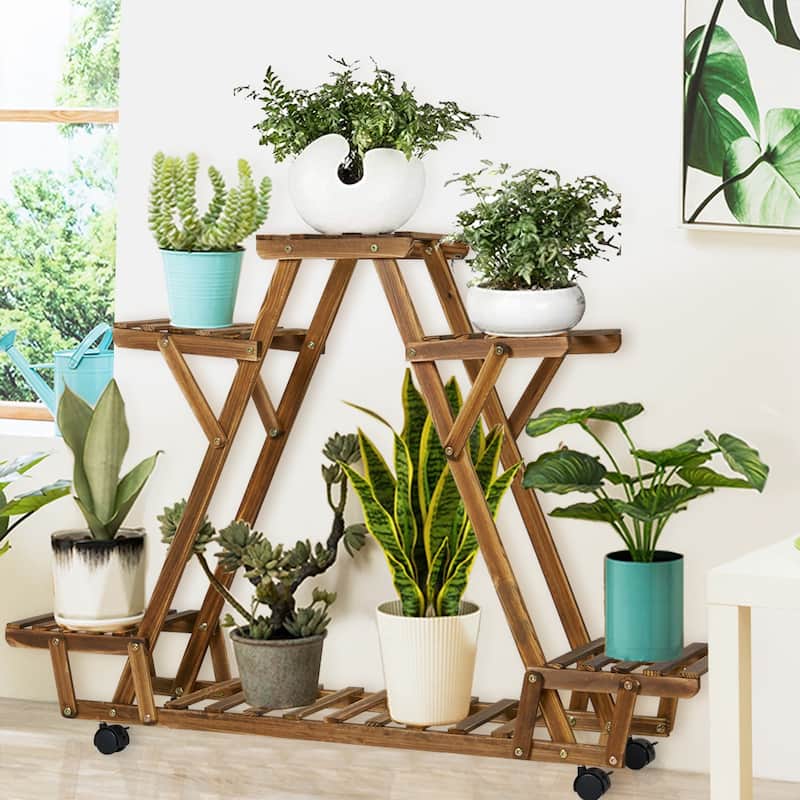 Movable Wood Flower Shelf Plant Display Stand Outdoor Indoor