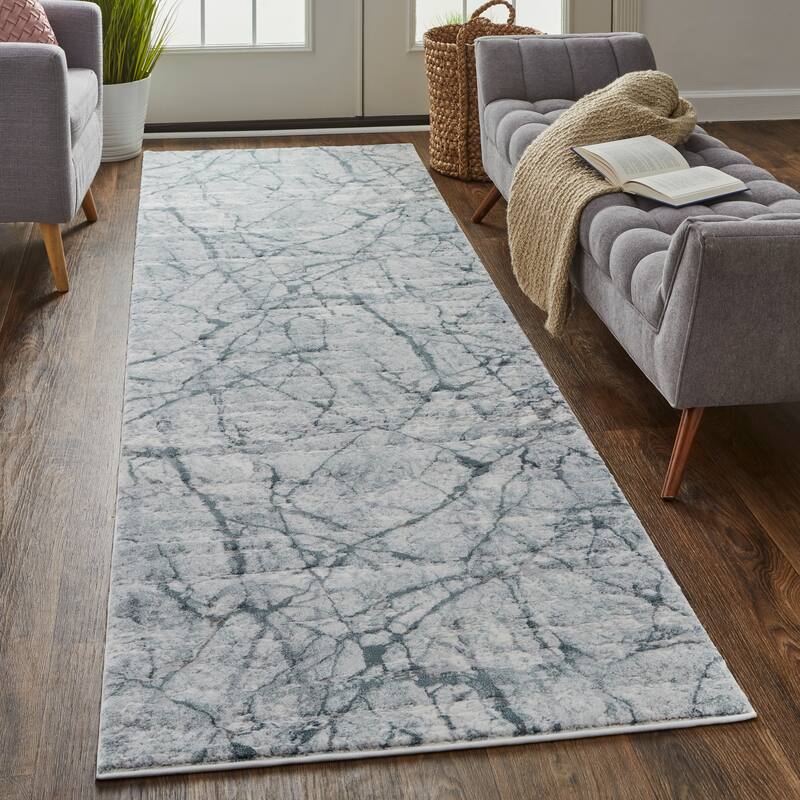 Grand Bazaar Halton Machine Made Abstract Transitional Area Rug - 3' x 8' - Teal Blue/Ivory/Gray