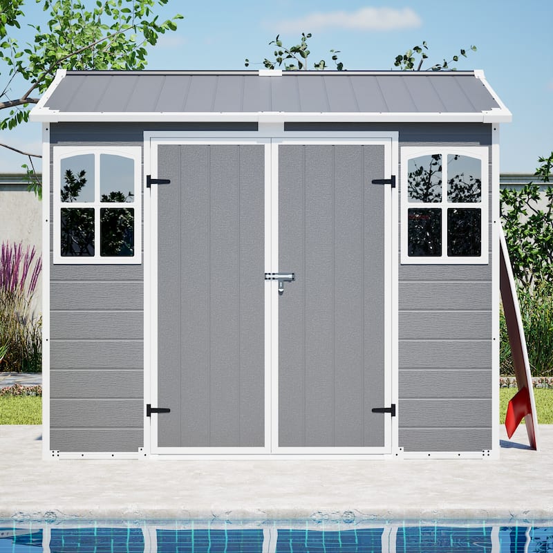 GDFStudio - Large Plastic Utility Shed with Floor & Lockable Doors for Easy Access, Storage for Garden Tools & Trash Bins