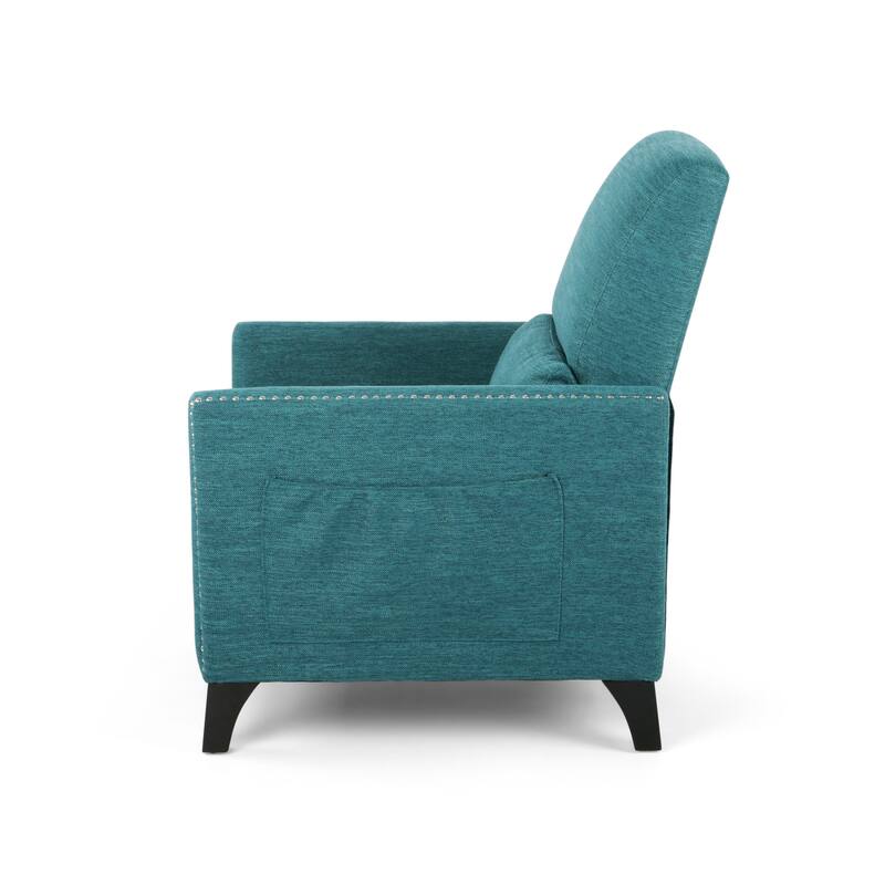 Teal Modern Fabric Upholstered Push-Back Recliner with Footrest, Nailhead Accents, Birch Wood Legs