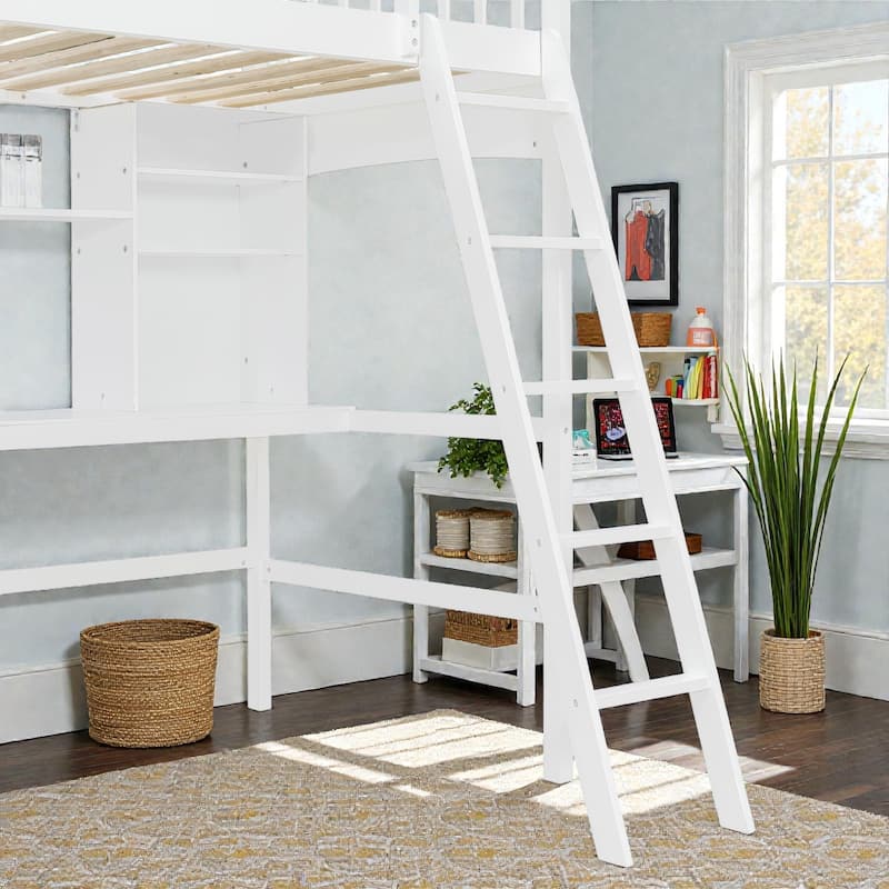 Twin Loft Bed with Desk and Storage Shelves, Solid Wood Loft Bed Frame with Ladder, Space Saving Design