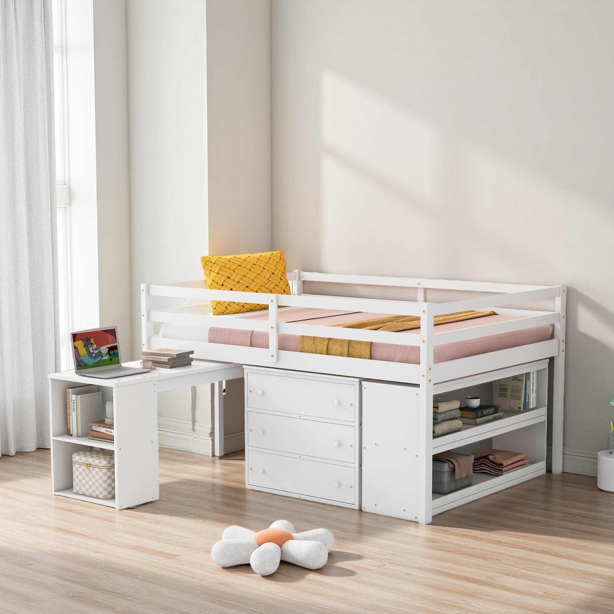 Full Size Solid Pine Wood Loft Bed with Retractable Writing Desk, 3 Drawers, Storage Stairs & Shelves, Wooden Loft Bed Frame