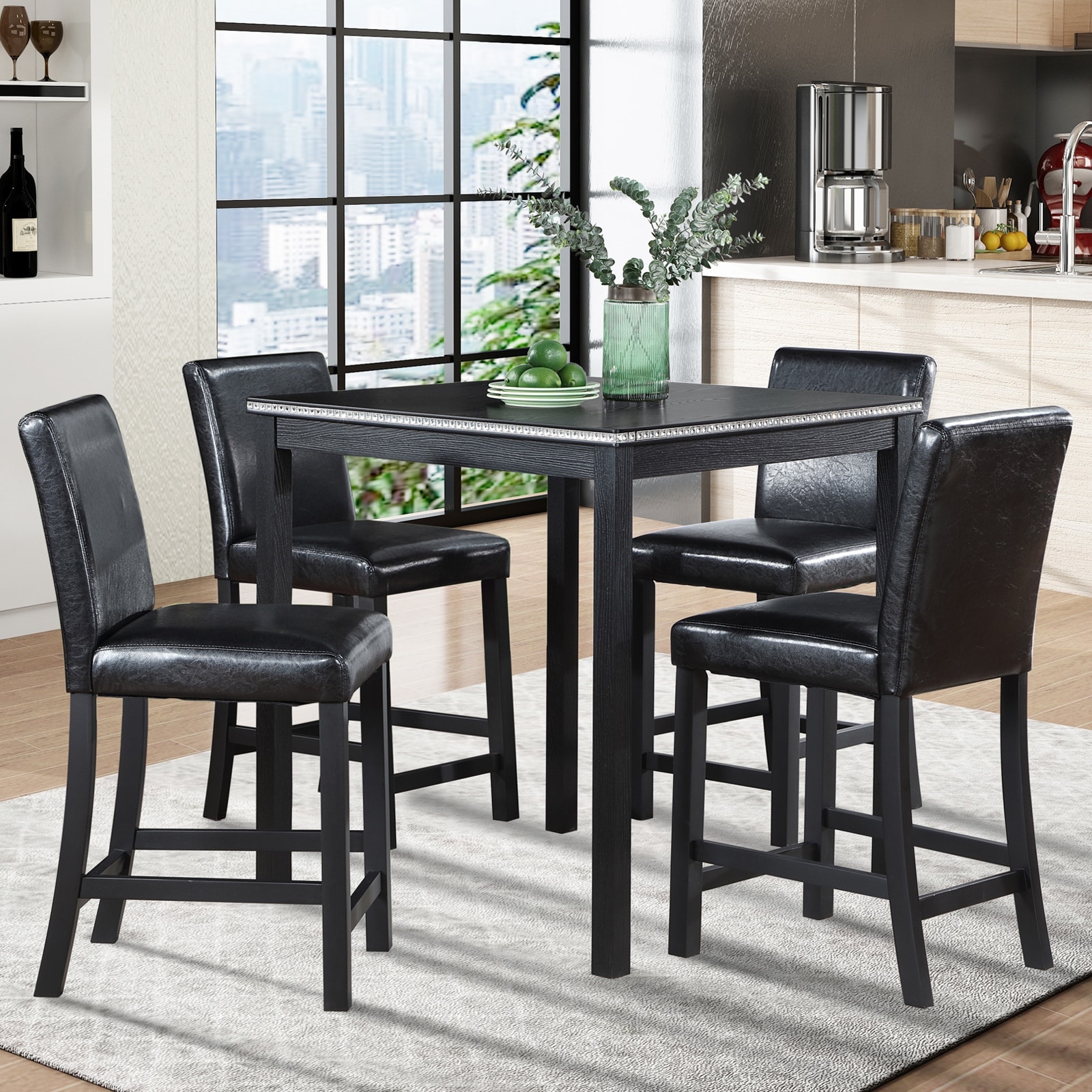 GDFStudio - Hamilton 5-Piece Classic Dining Set, Crystal Design Wooden Counter Height Dining Table with 4 Upholstered Chairs