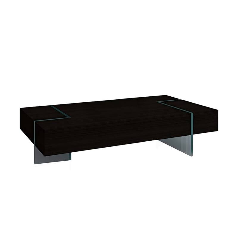 HomeRoots 53" Black And Clear Wood And Glass Sled Coffee Table - 53 in. x 16 in. x 28 in.