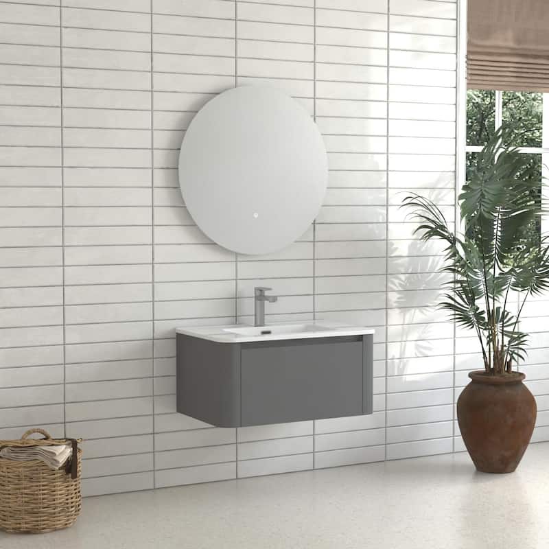 30" Grey Wall Mounted Bathroom Vanity with Basin Floating Vanity Drawer Bathroom Cabinet with White Ceramic Integrated Basin - Grey