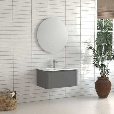 30" Grey Wall Mounted Bathroom Vanity with Basin Floating Vanity Drawer Bathroom Cabinet with White Ceramic Integrated Basin