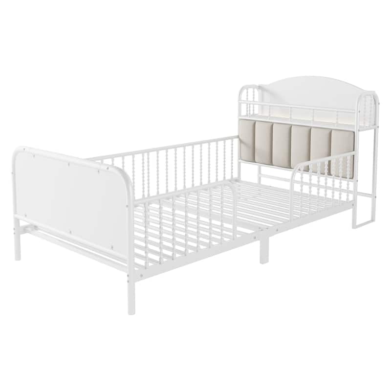 Kids Platform Bed Metal Frame with Linen Fabric Upholstered Storage Headboard Built-in Light Strip, Both Sides Rails