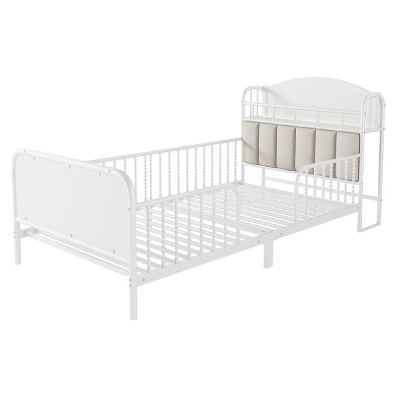 Twin Size Metal Platform Bed Frame with Light, Kids Twin Metal Bed with Upholstered and Storage Headboard