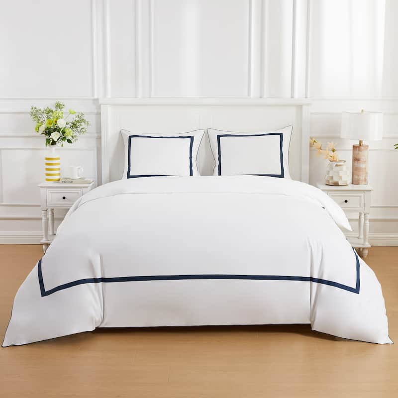 Cotton Percale Hotel Border Piping Navy Duvet Cover Set