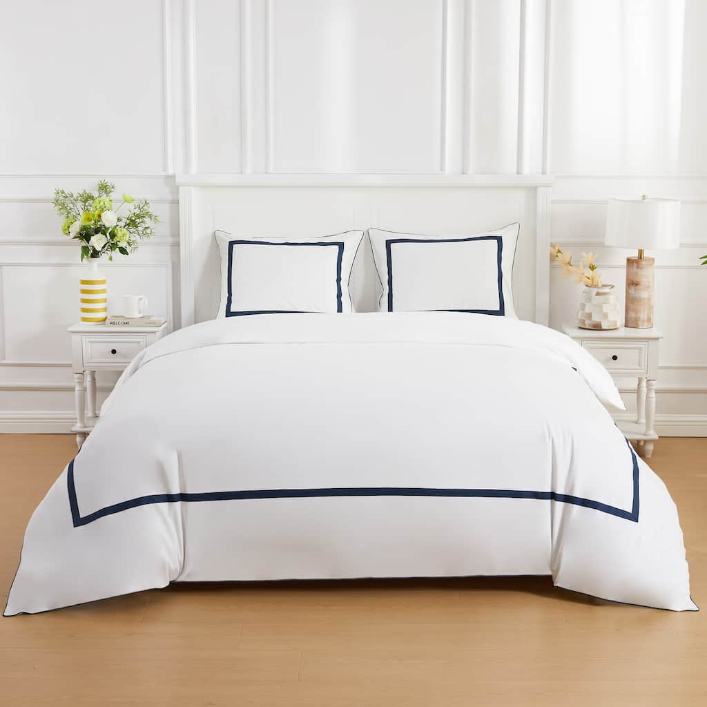 Cotton Percale Hotel Border Piping Navy Duvet Cover Set