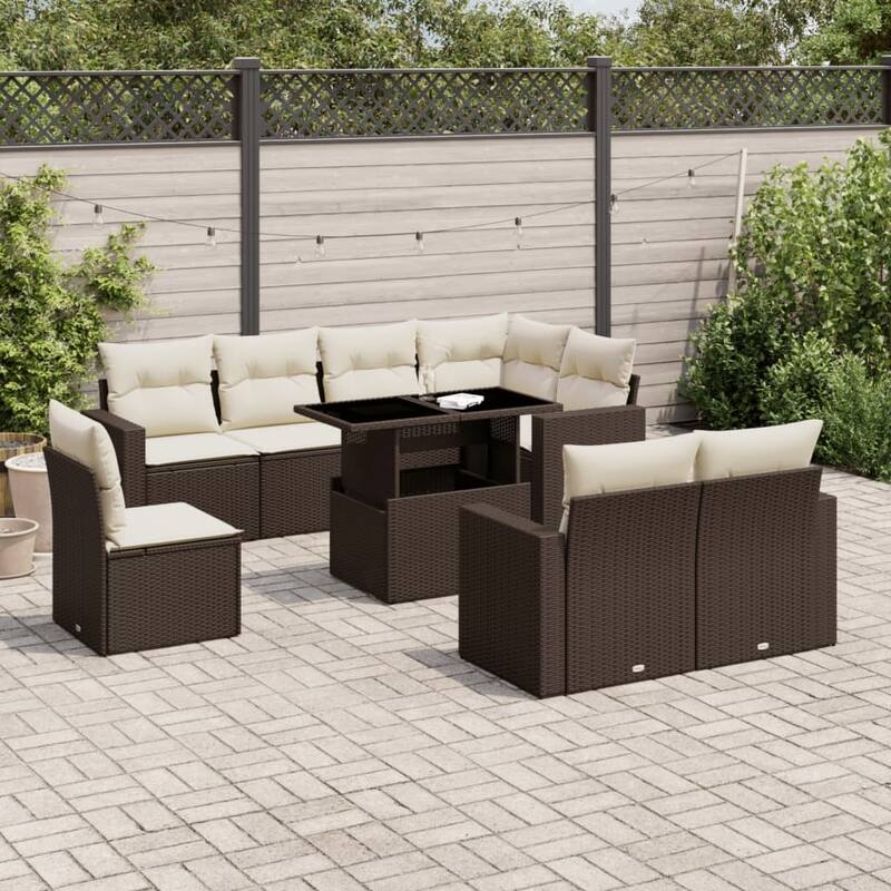 vidaXL Patio Sofa Set with Cushions Outdoor Furniture 9 Piece Poly Rattan - 21.7 x 39.4 x 28.7 - Brown and Cream-without storage