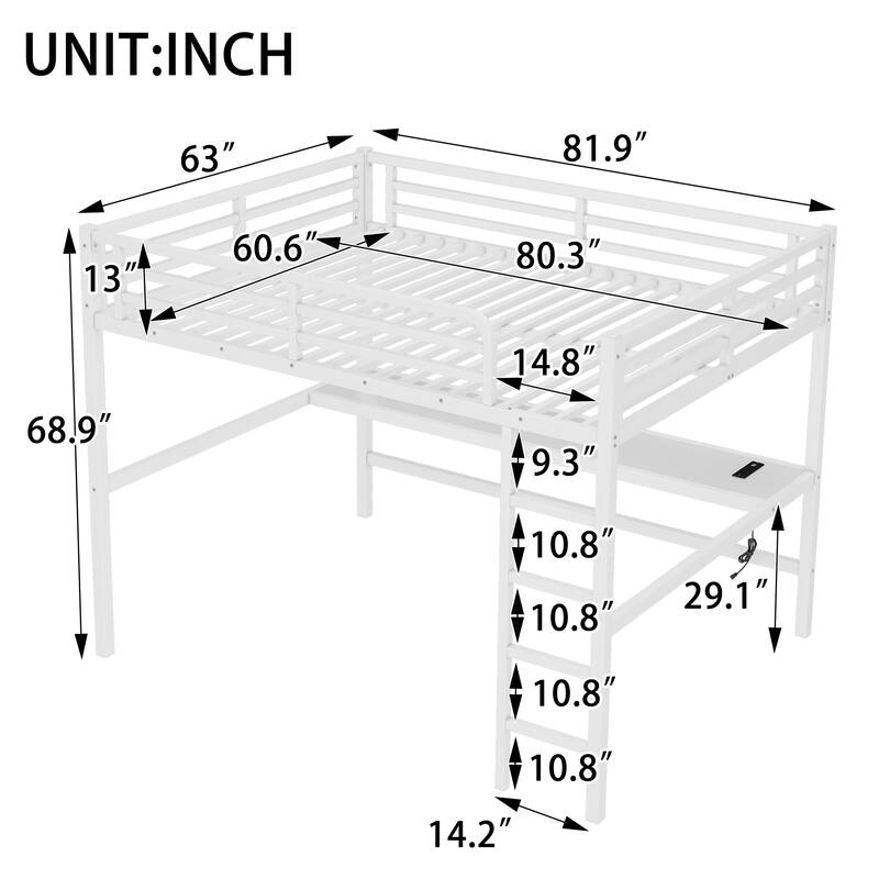 Queen Size Metal Loft Bed with Power Outlet, LED Lighting and Built-in Desk