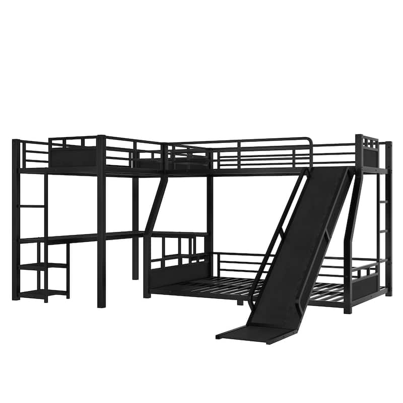 L-shaped Triple Bunk Bed with Loft Bed and Bunk Bed, Metal Storage Bed Frame with Integrated Desk, Open Shelves and Slide
