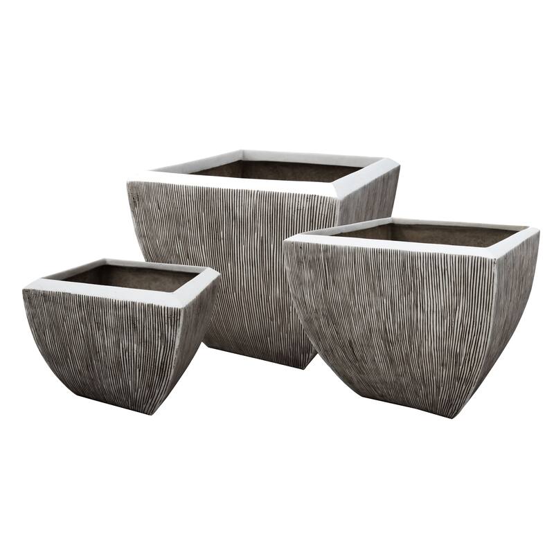 Hand Made Square Flower pot with Ribbed Design, White, Set of 3