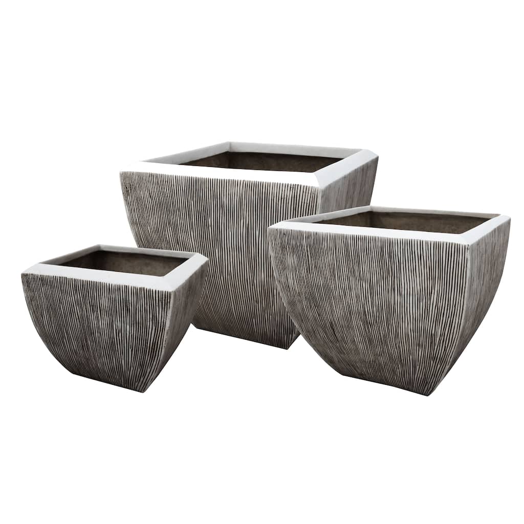 Hand Made Square Flower pot with Ribbed Design, White, Set of 3
