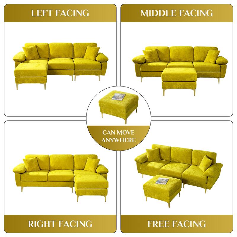Ouyessir 2-Pieces Upholstered Velvet Sectional Sofa with 2 Pillows & Ottoman