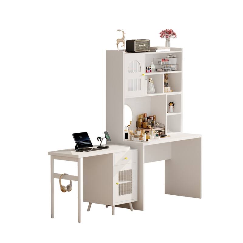 90° Rotating Computer Desk, L Shaped Office Desk Gaming Table Corner Writing Desk with Storage Drawer, Cabinets & Shelves