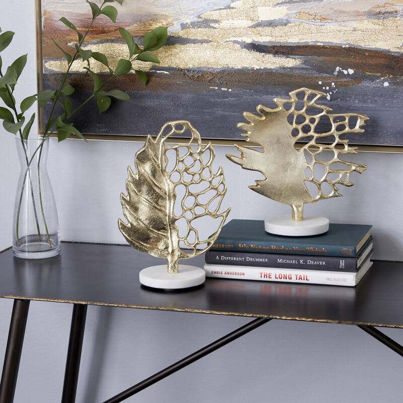 Aluminum Metal Leaf Decorative Sculpture - Set of 2 Gold - Roche River Decor