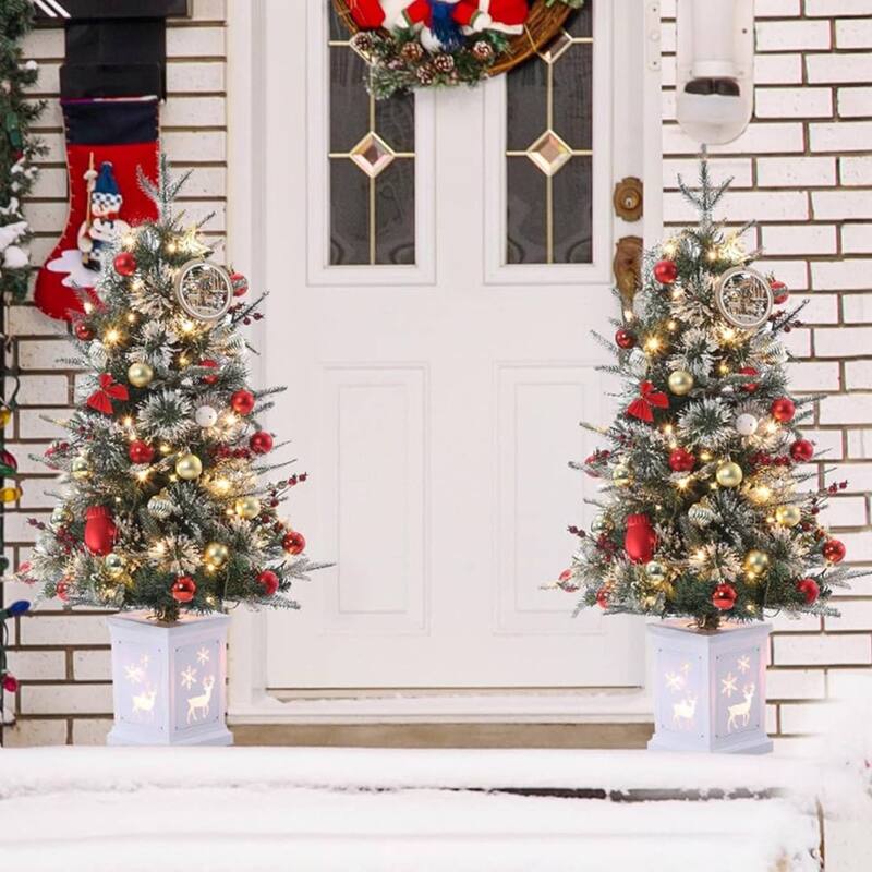 3 Ft Pre-Lit Artificial Christmas Trees with Deer lightbox Base - Green 2 pcs