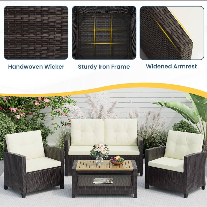 4-Piece Wicker Patio Conversation Set with Beige Cushions