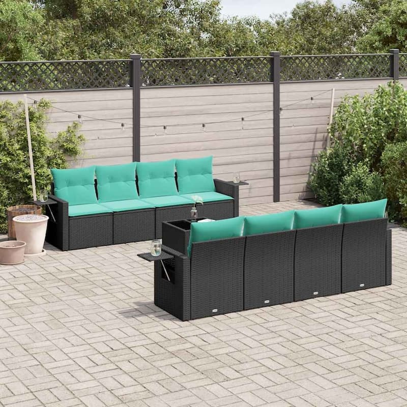 vidaXL Patio Sofa Set with Cushions Outdoor Furniture 9 Piece Poly Rattan - 21.7 x 24.4 x 27.2 - Black and Blue