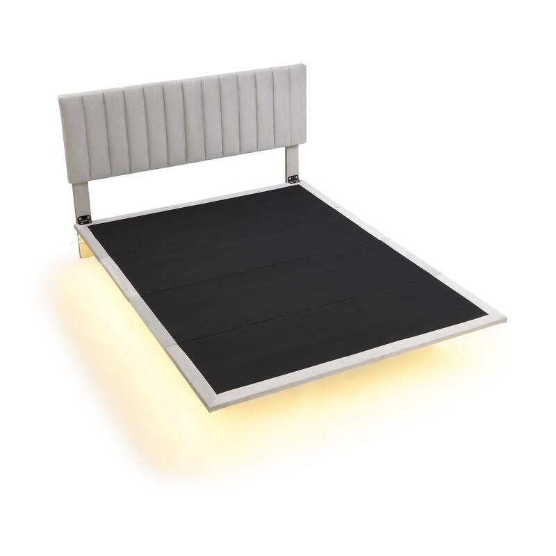 Queen Upholstered Velvet Bed with Sensor Light and Floating Frame - Modern Platform Bed with Headboard, No Box Spring Required