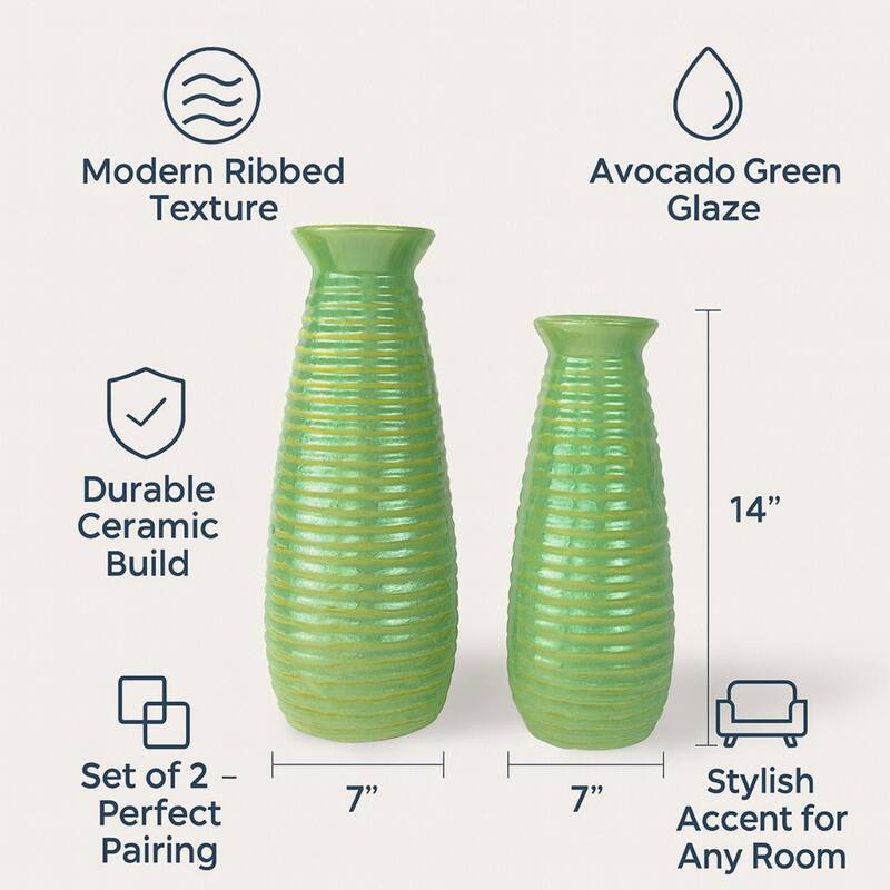 Set of 2 Avocado Green Ceramic Cylinder Vases with Matte Finish Decor