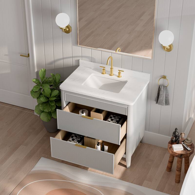 Modland 36" Freestanding Bathroom Vanity with Carrara Marble Top, Soft-Close Drawers, Fully Assembled, Green/Grey - 36 inch