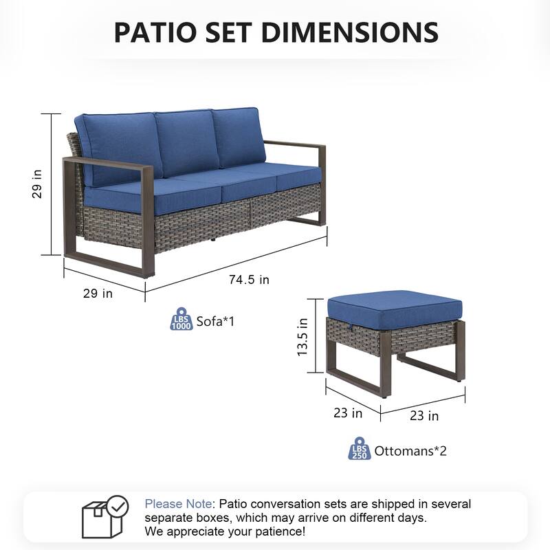 Pocassy 3 Pieces Outoor Patio Sofa Chair Ottoman Set