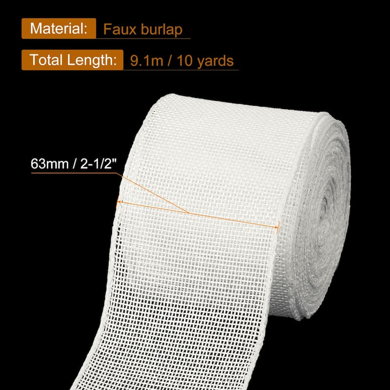 Burlap Wired Ribbon, 10 Yards Fabric Ribbon Roll - White - 2.5"