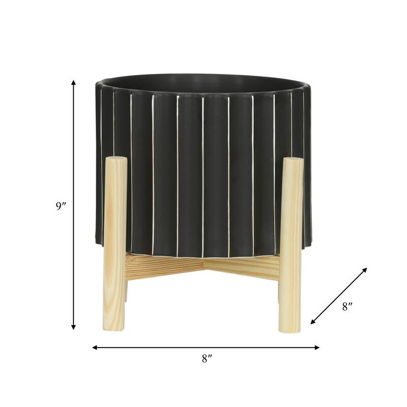 Ceramic Fluted Planter with Wood Stand - Black
