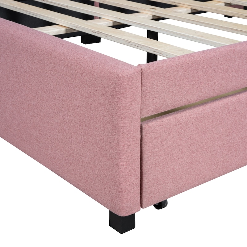 Full Size Upholstered Daybed with Storage Drawers, Linen Fabric, Pink