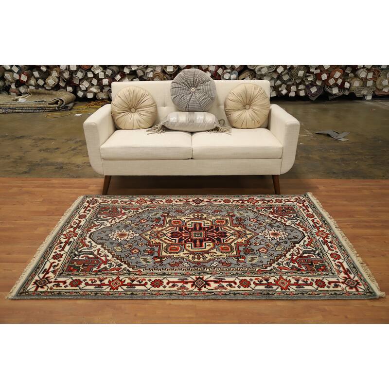 Hand Knotted Oriental 100% Wool Carpet Traditional Medallion Greys & Charcoal Heriz (serapi) Area Rug - 6' 1'' X 4' 1''