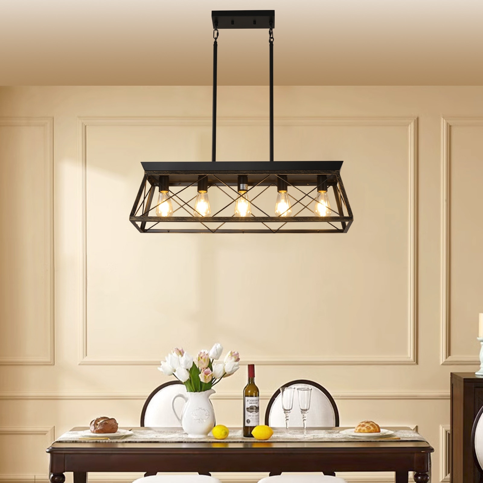 Black and Gold 5-Light Farmhouse Chandelier for Dining Room, Modern Rectangular Metal Pendant Light Fixture (No Bulbs)