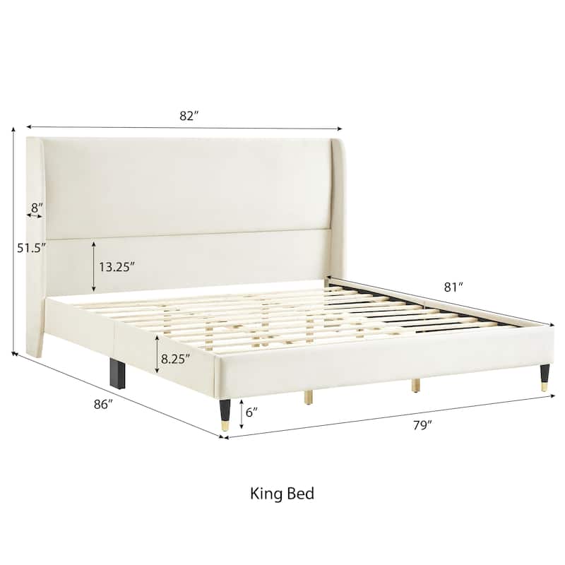 Beige King Size Platform Bed with Wingback Velvet Headboard