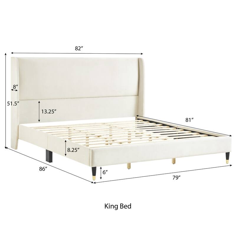 Modern Style Platform Bed with Wingback Design Velvet Headboard for Bedroom