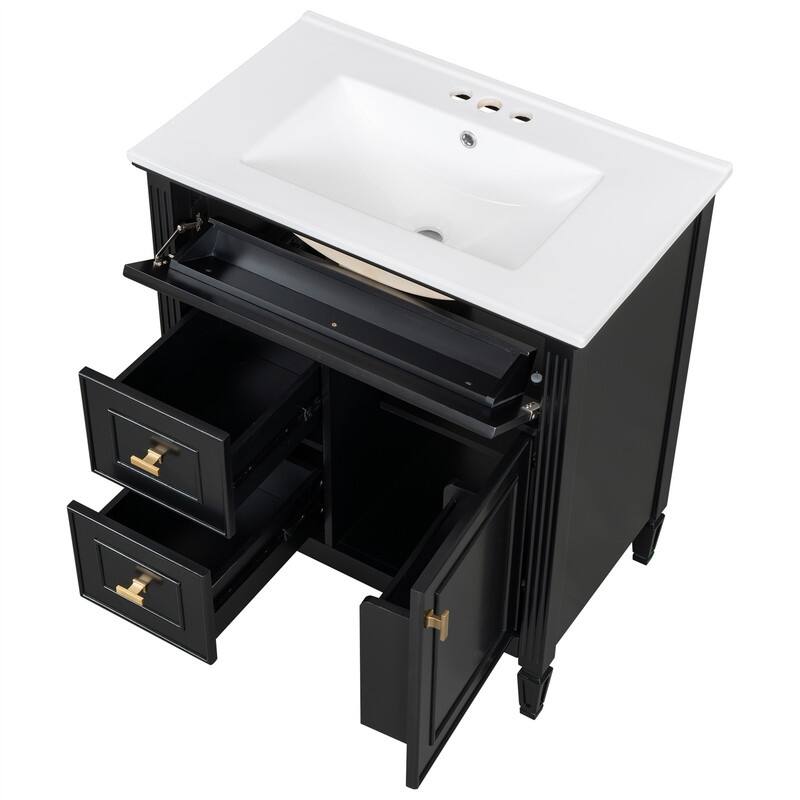 30" Bathroom Vanity with Ceramic Sink Combo, Bathroom Vanity Cabinet with 1 Flip Drawer, 2 Drawers & Adjustable Shelf
