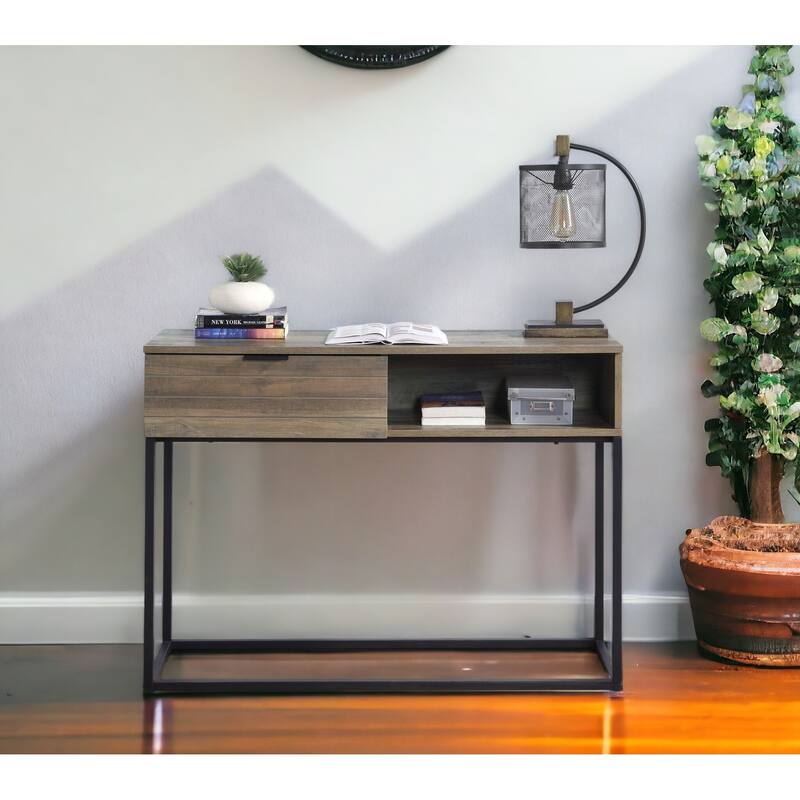 Industrial Style Writing Desk, Powder-Coated Metal Base, and Self-Closing Storage Compartment for Office Use