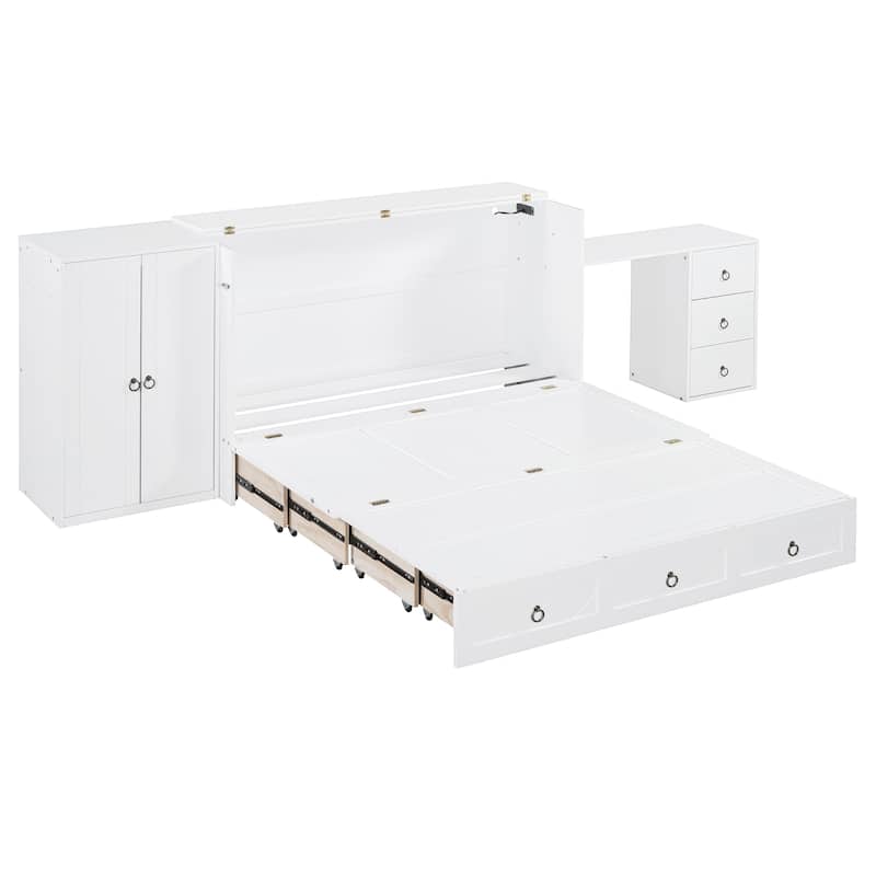Queen Murphy Bed with Built-In Desk, Wardrobe, USB Charging, and Spacious Storage Drawer, Multifunctional Cabinet Bed