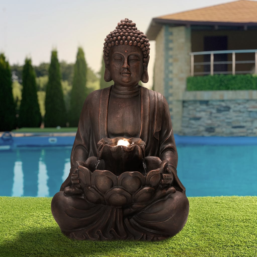 Glitzhome 28.25"H Zen Style Meditating Buddha Statue Patio Fountain with LED Lights - 28.25"