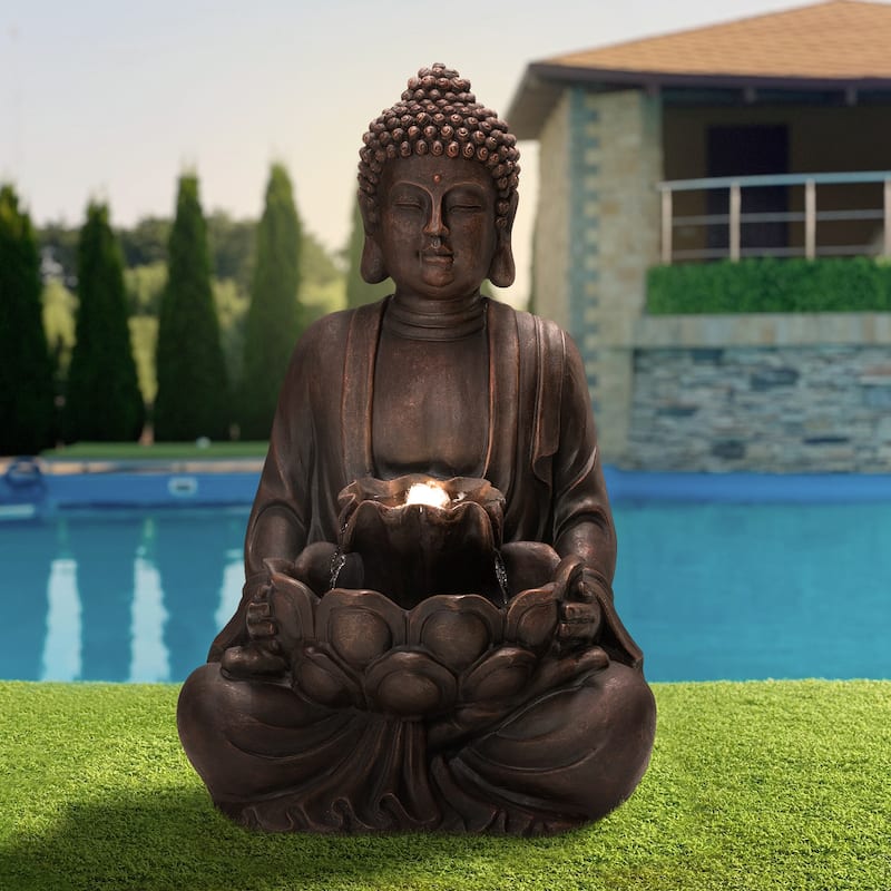Glitzhome Polyresin Meditating Buddha Frog/Elephant Statue Outdoor Water Fountain with LED Lights - Brown - 28.25"H Buddha