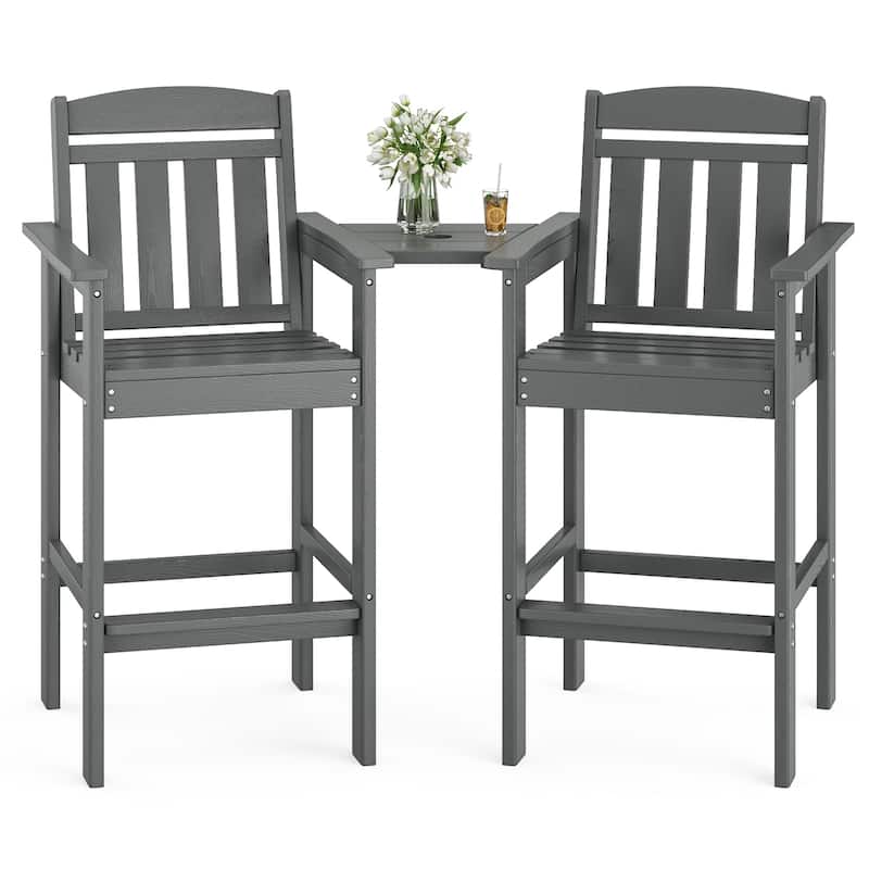 Set of 2 All-Weather HDPE Adirondack Bar Stools with Connecting Drink Tray, Tall Patio Bar Height Chairs for Poolside & Backyard