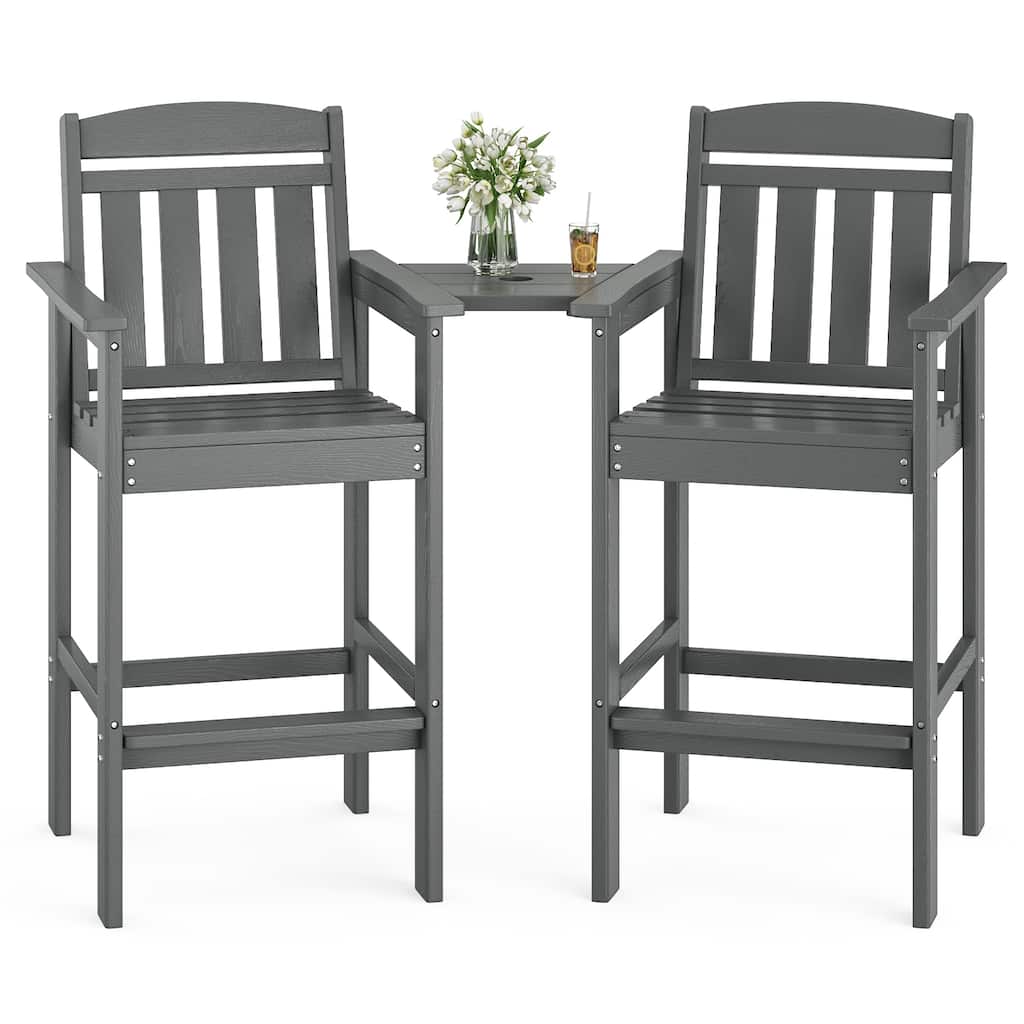 Set of 2 All-Weather HDPE Adirondack Bar Stools with Connecting Drink Tray, Tall Patio Bar Height Chairs for Poolside & Backyard